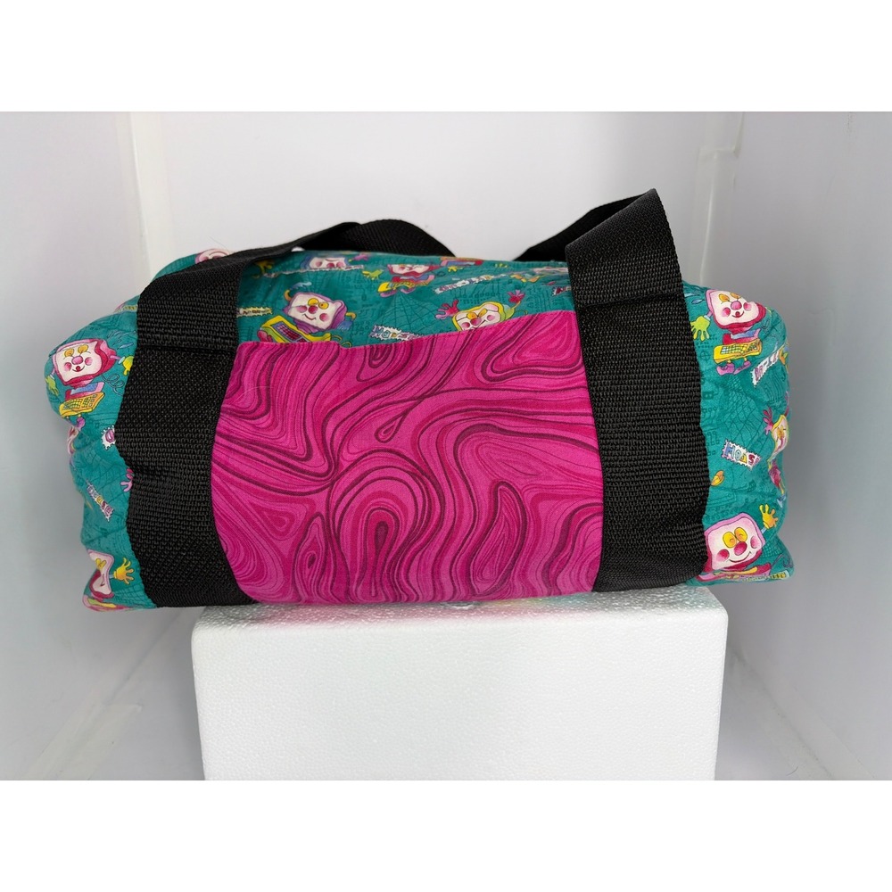 Vintage Style Quilted Duffel Bag Computer Virus Tech Print Teal Pink Y2K Retro
